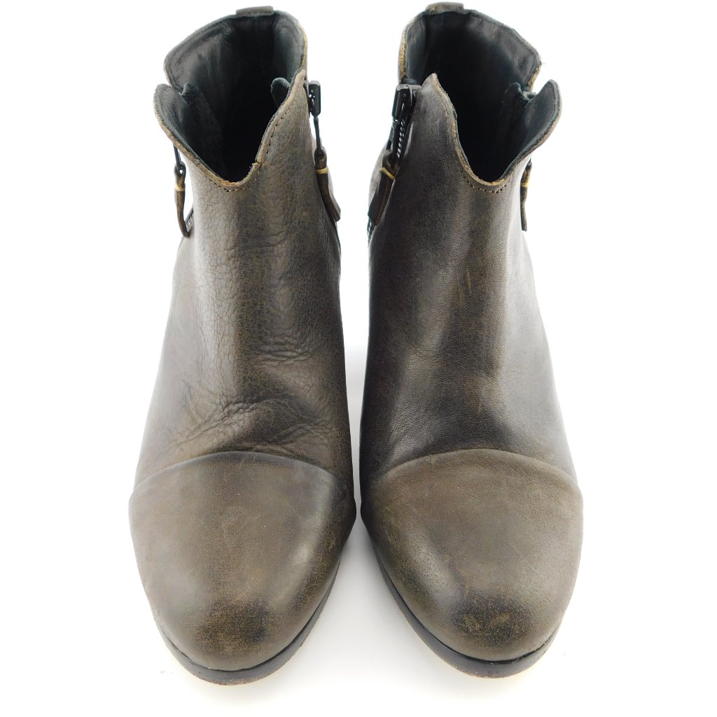 Rag & Bone Brown Waxed Leather Double Zipper Cap Toe Block Heel Booties 37.5